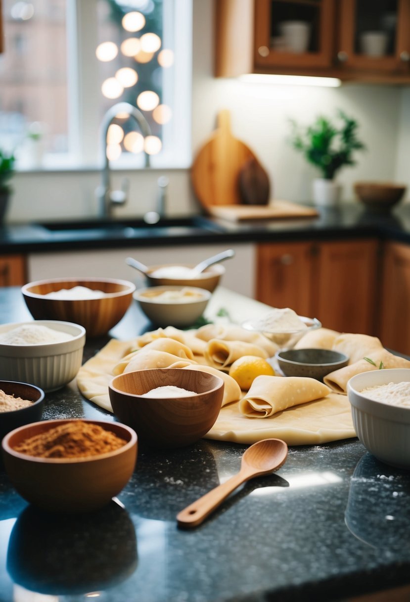 A countertop with various fillo dough ingredients and utensils