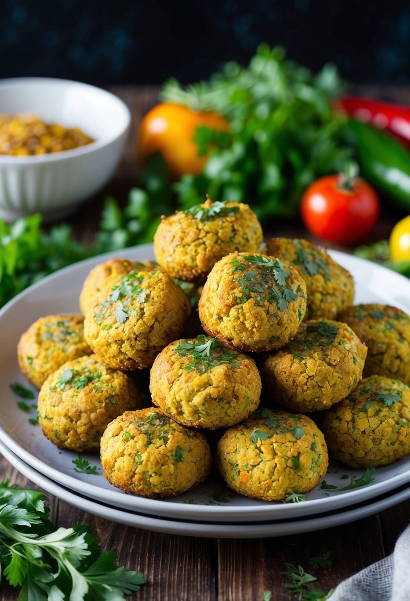 A plate of golden-brown baked falafel balls surrounded by fresh herbs and colorful vegetables