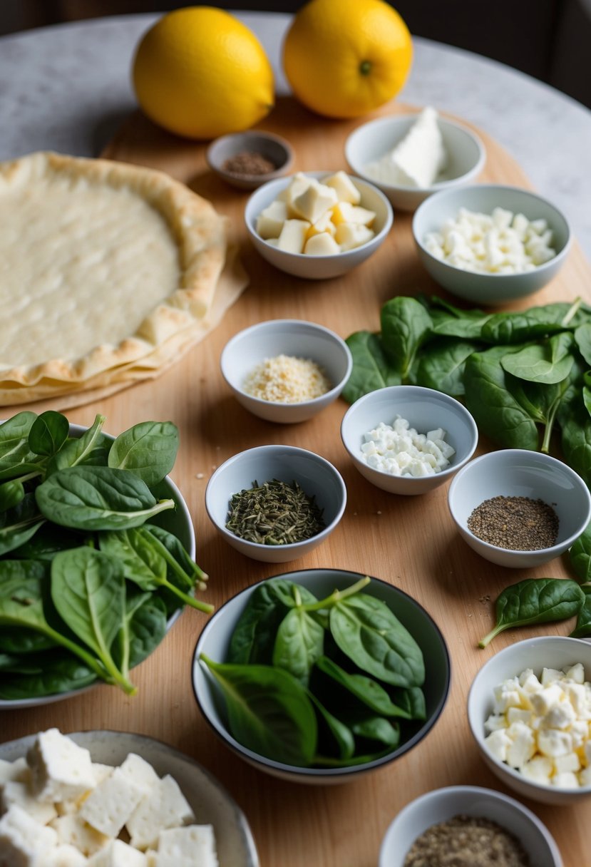 A table spread with ingredients for spanakopita, including fillo dough, spinach, feta cheese, and assorted seasonings