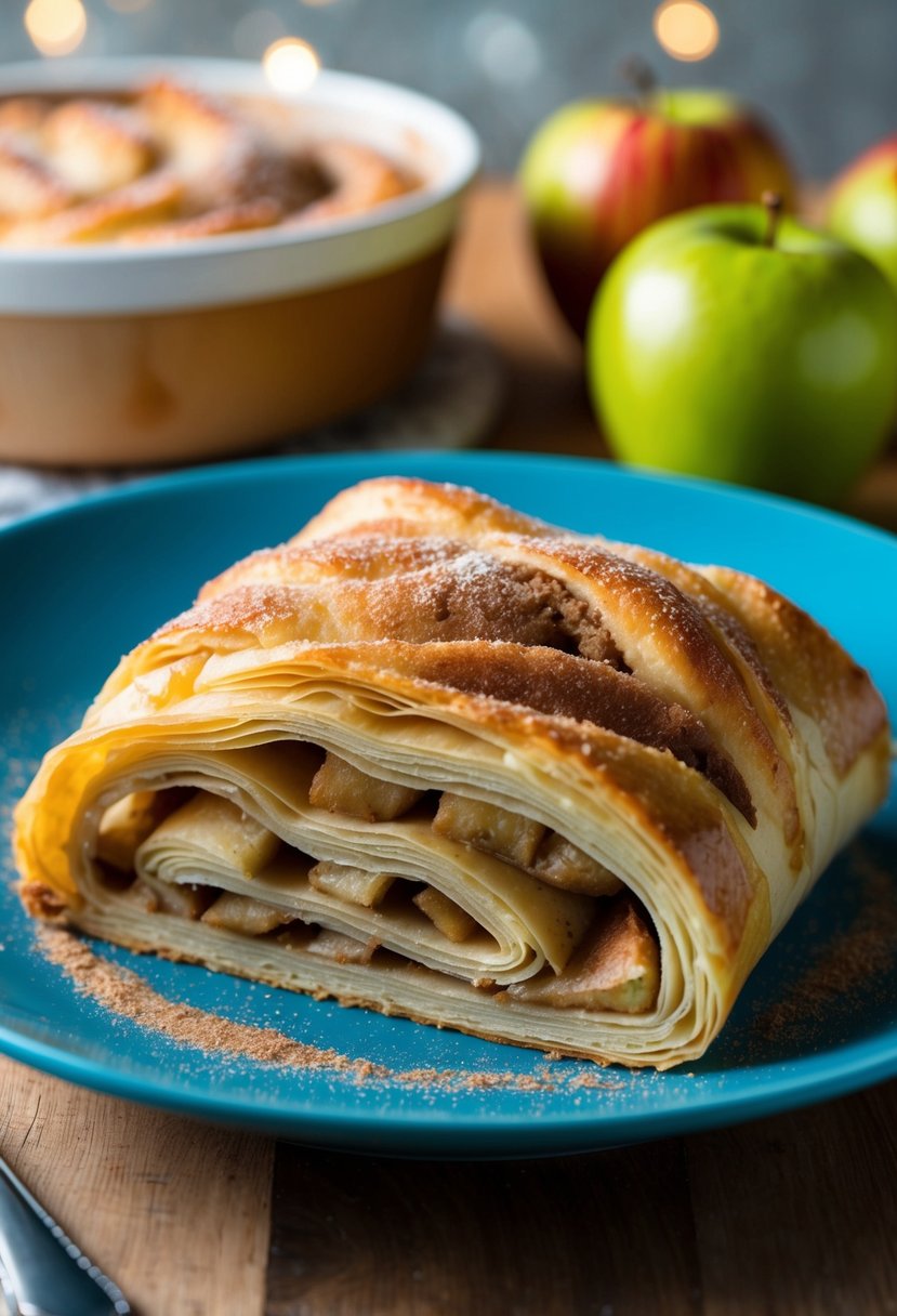 Golden-brown apple strudel, flaky fillo dough layers, sprinkled with cinnamon sugar, fresh from the oven