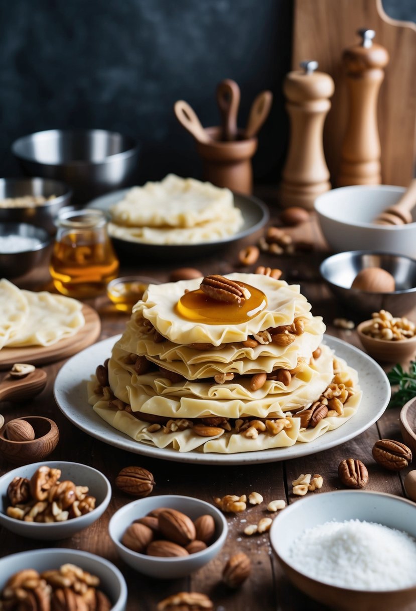 A table filled with layers of fillo dough, nuts, and honey, surrounded by various cooking utensils and ingredients