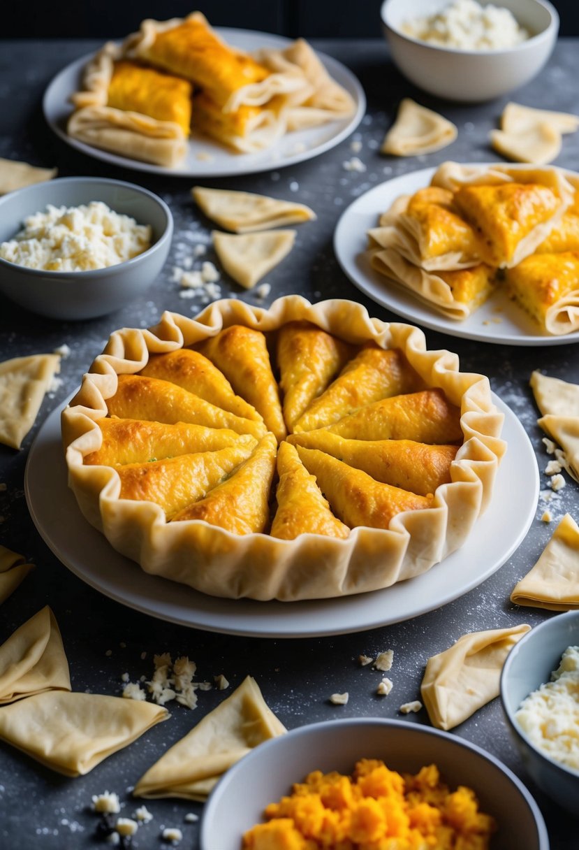 A table filled with golden, flaky tiropita, surrounded by scattered fillo dough and bowls of cheese filling ingredients