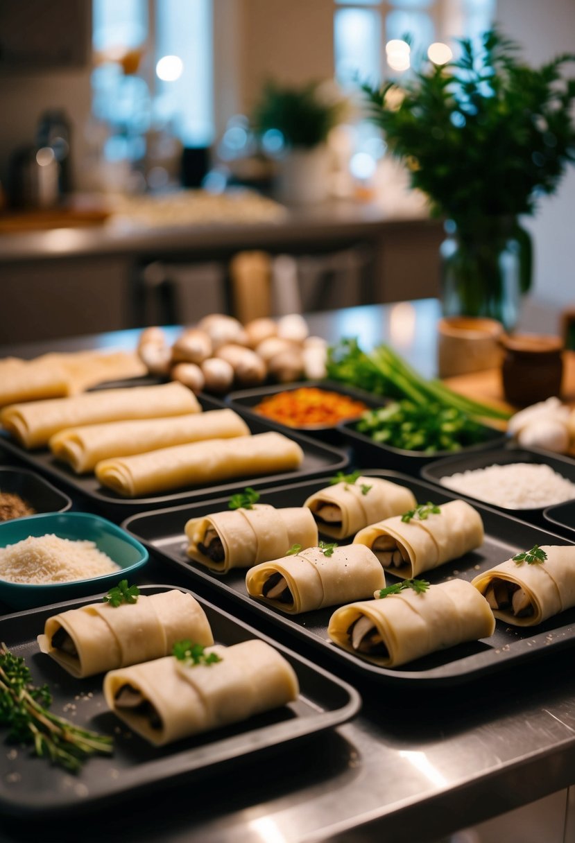 A counter with ingredients for phyllo mushroom bundles, including fillo dough, mushrooms, and seasonings