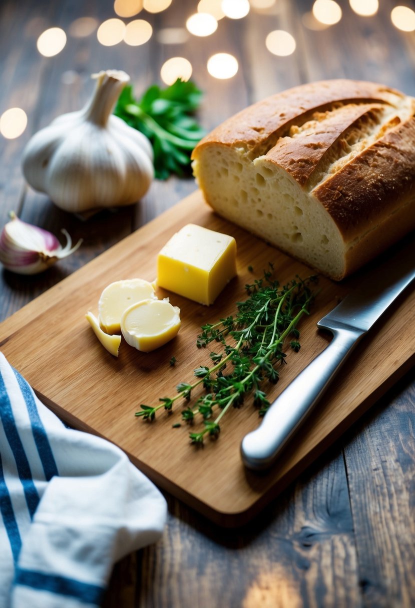 A cutting board with sliced garlic, butter, and herbs next to a loaf of bread