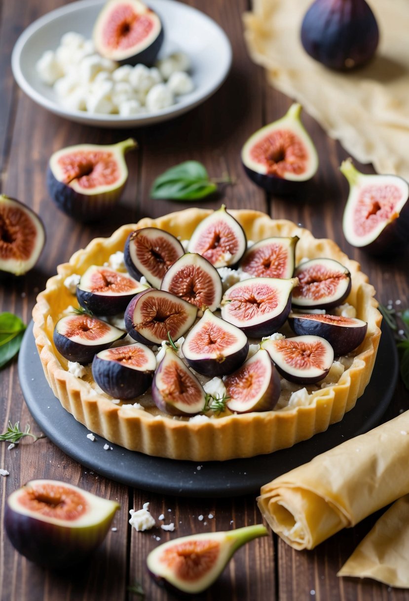 A rustic fig and goat cheese tart sits on a wooden table, surrounded by fresh figs, crumbled cheese, and a roll of fillo dough