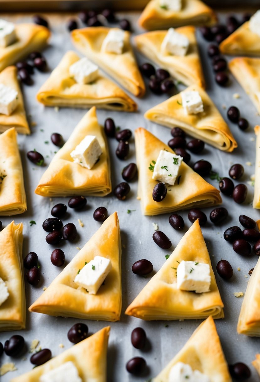 Golden triangles of fillo dough filled with black beans and feta, arranged on a baking sheet