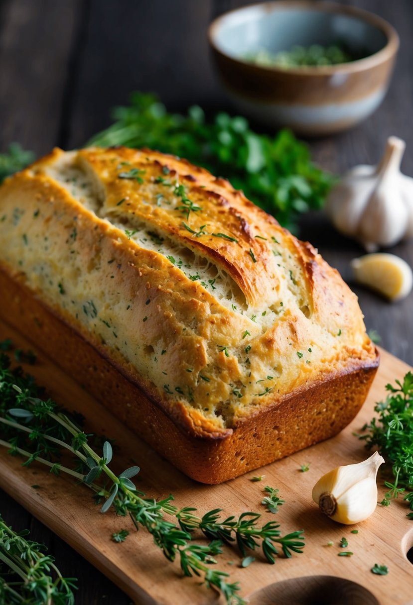 A rustic loaf of garlic and herb bread, golden and crusty, sits on a wooden cutting board, surrounded by fresh herbs and whole roasted garlic cloves