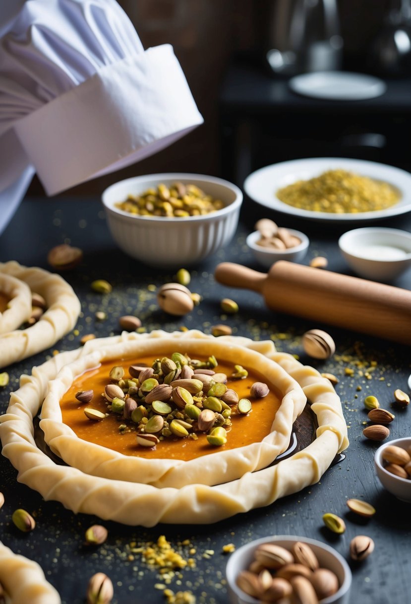 A table covered in fillo dough, pistachios, and syrup, with a chef's hat and rolling pin nearby