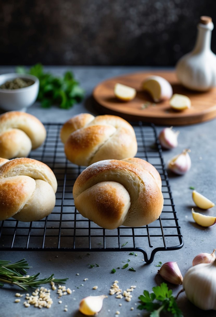 A rustic kitchen counter with freshly baked sourdough garlic knots cooling on a wire rack. Ingredients like garlic cloves and herbs scattered around