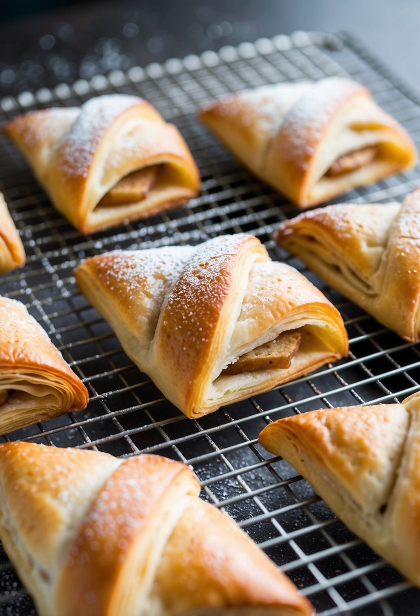 Golden brown apple turnovers cooling on a wire rack. Flaky layers of phyllo dough encase the sweet filling. A sprinkle of powdered sugar on top