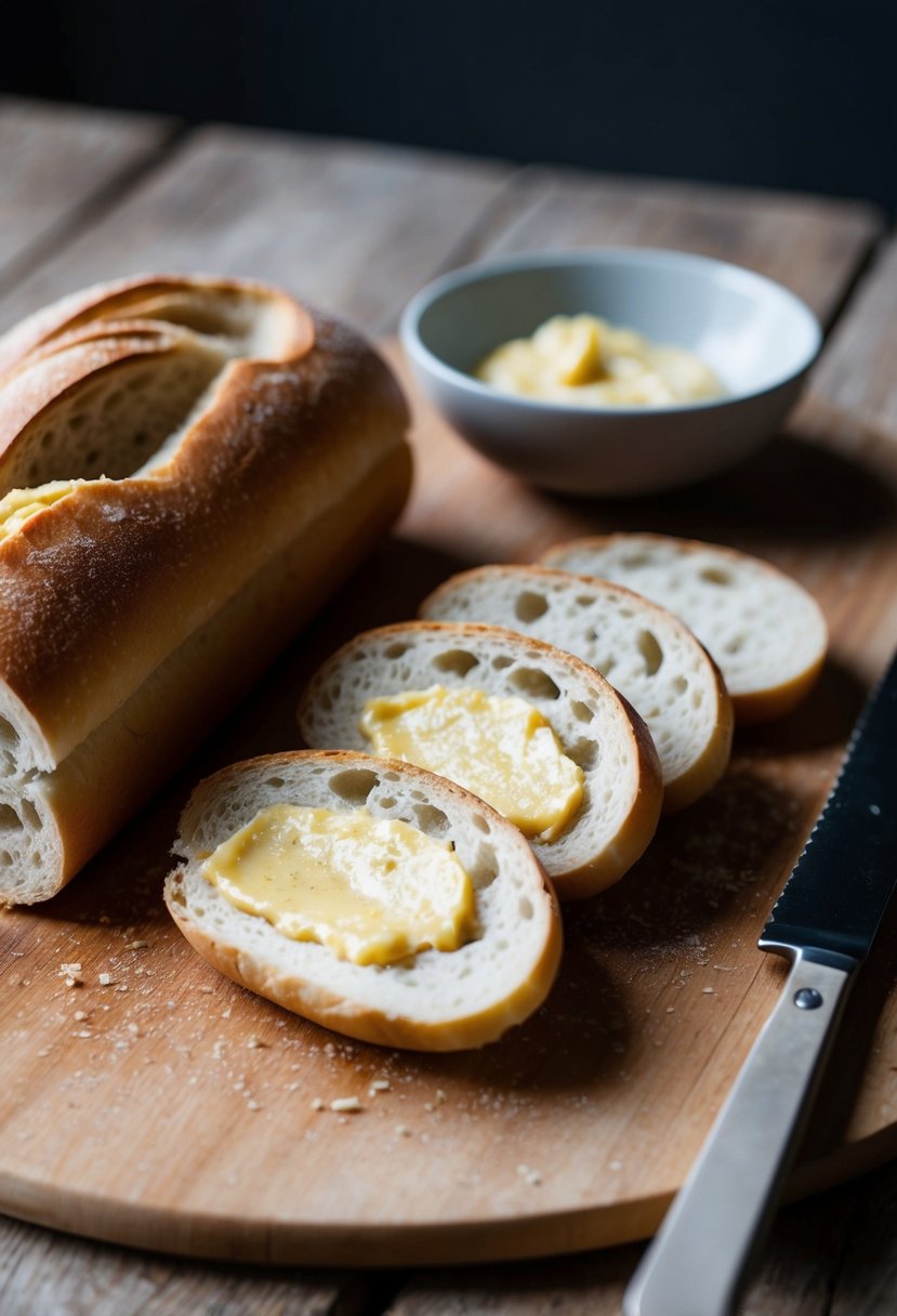 A baguette is sliced and spread with garlic butter, ready for baking