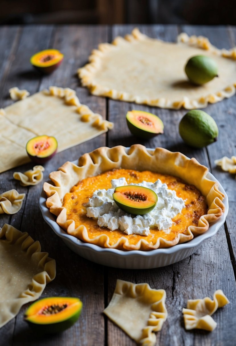 A rustic kitchen table with a freshly baked guava and goat cheese pie surrounded by scattered fillo dough sheets and ruffled pastry edges