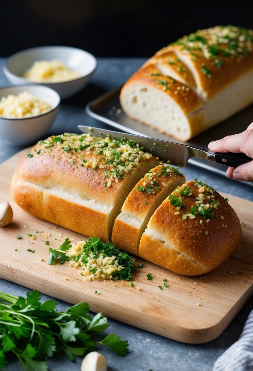 A French loaf is being sliced and coated with a mixture of garlic and parsley, ready to be baked into delicious garlic bread