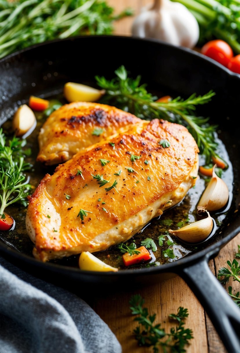 A golden-brown chicken fillet sizzling in a skillet, surrounded by fresh herbs, garlic cloves, and colorful vegetables