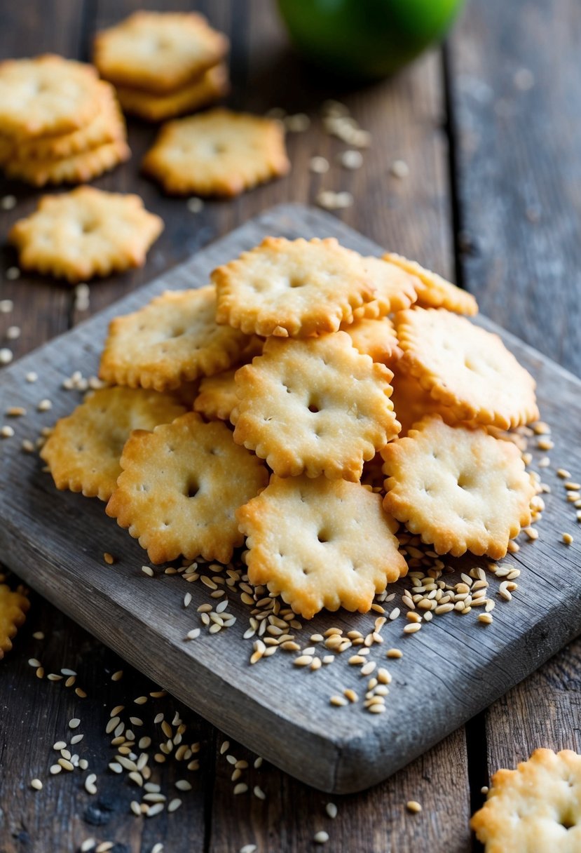 A pile of golden, flaky sesame seed crackers arranged on a rustic wooden cutting board