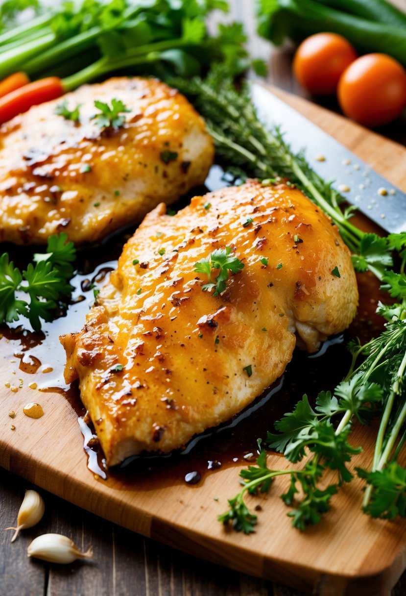 A sizzling chicken fillet coated in a glossy honey garlic glaze, surrounded by fresh herbs and colorful vegetables on a wooden cutting board