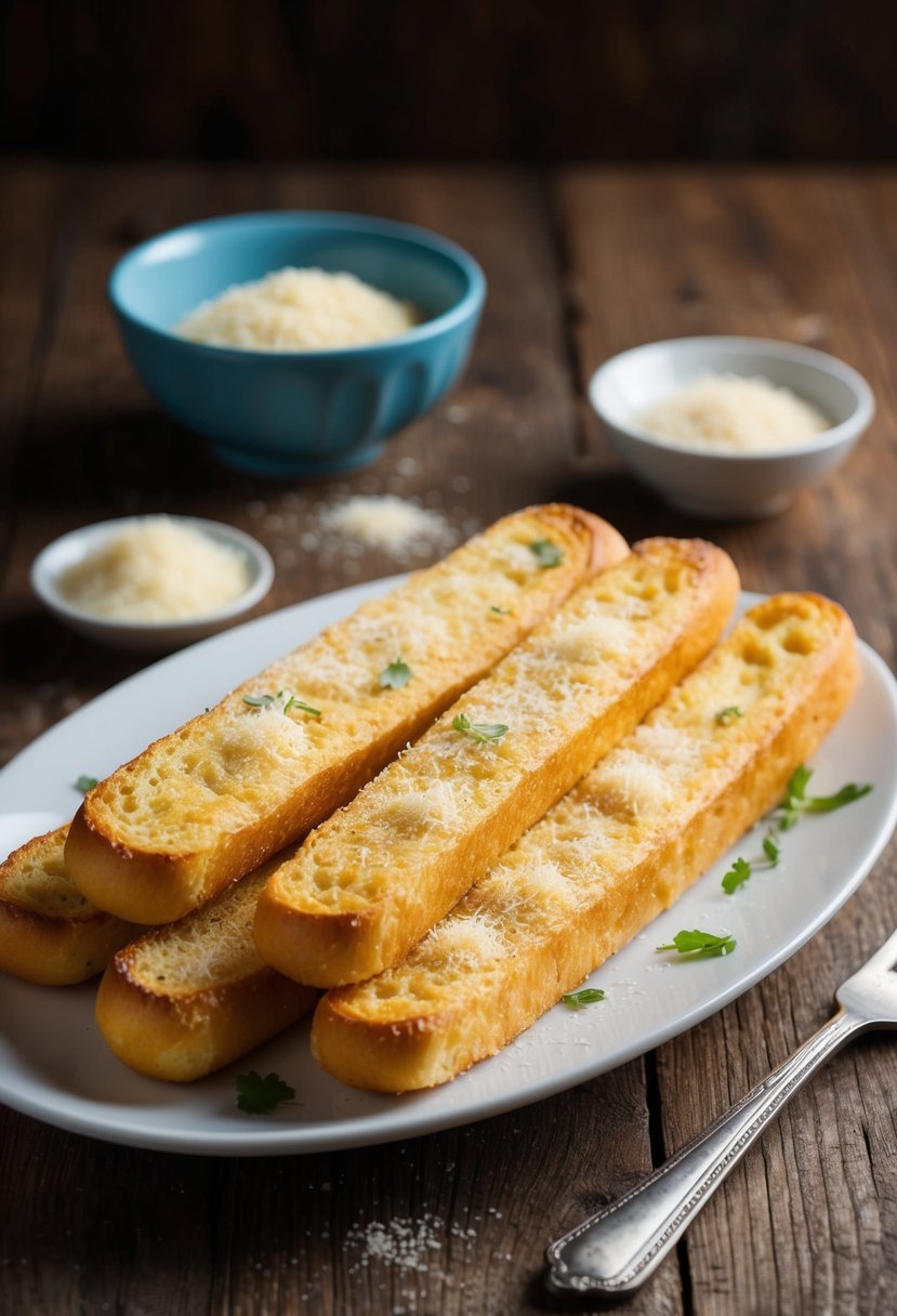 A platter of golden garlic bread sticks, sprinkled with Parmesan, on a rustic wooden table