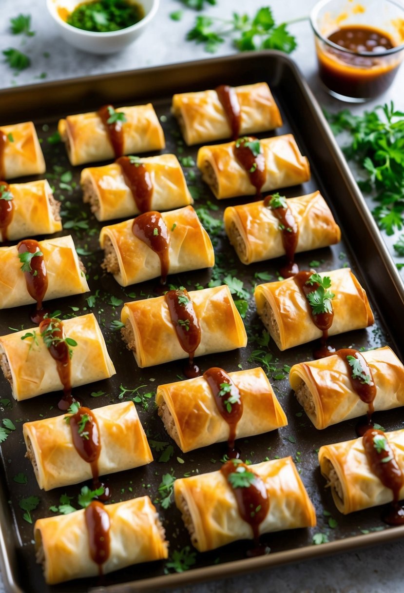 A baking sheet with golden brown Phyllo Meat Rolls arranged in a neat row, surrounded by scattered fresh herbs and a drizzle of sauce