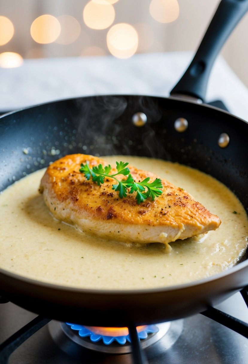 A sizzling chicken fillet cooks in a creamy garlic sauce in a hot pan