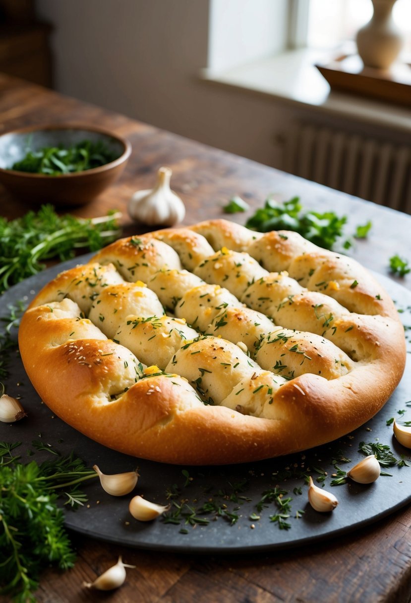 A rustic kitchen table with a freshly baked Italian Herb and Garlic Focaccia bread surrounded by a scattering of fresh herbs and garlic cloves