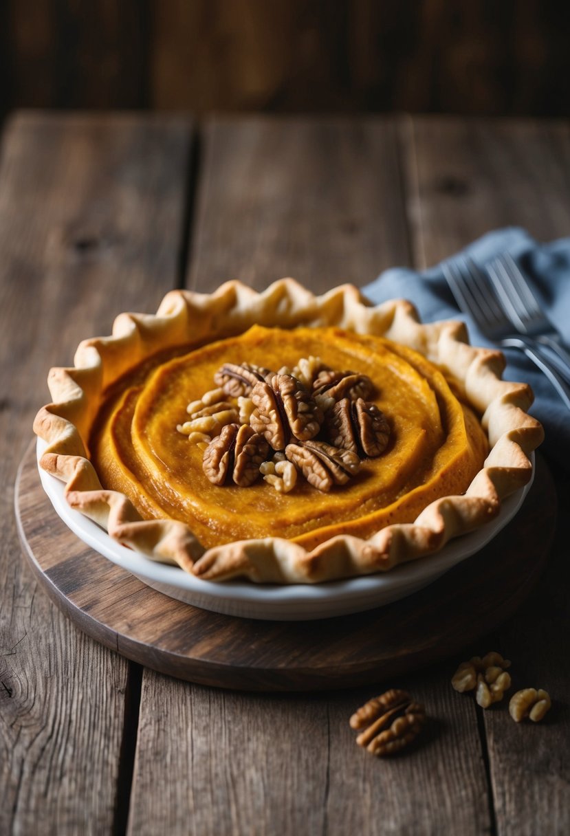 A golden-brown fillo pie, filled with pumpkin and walnuts, sits on a rustic wooden table