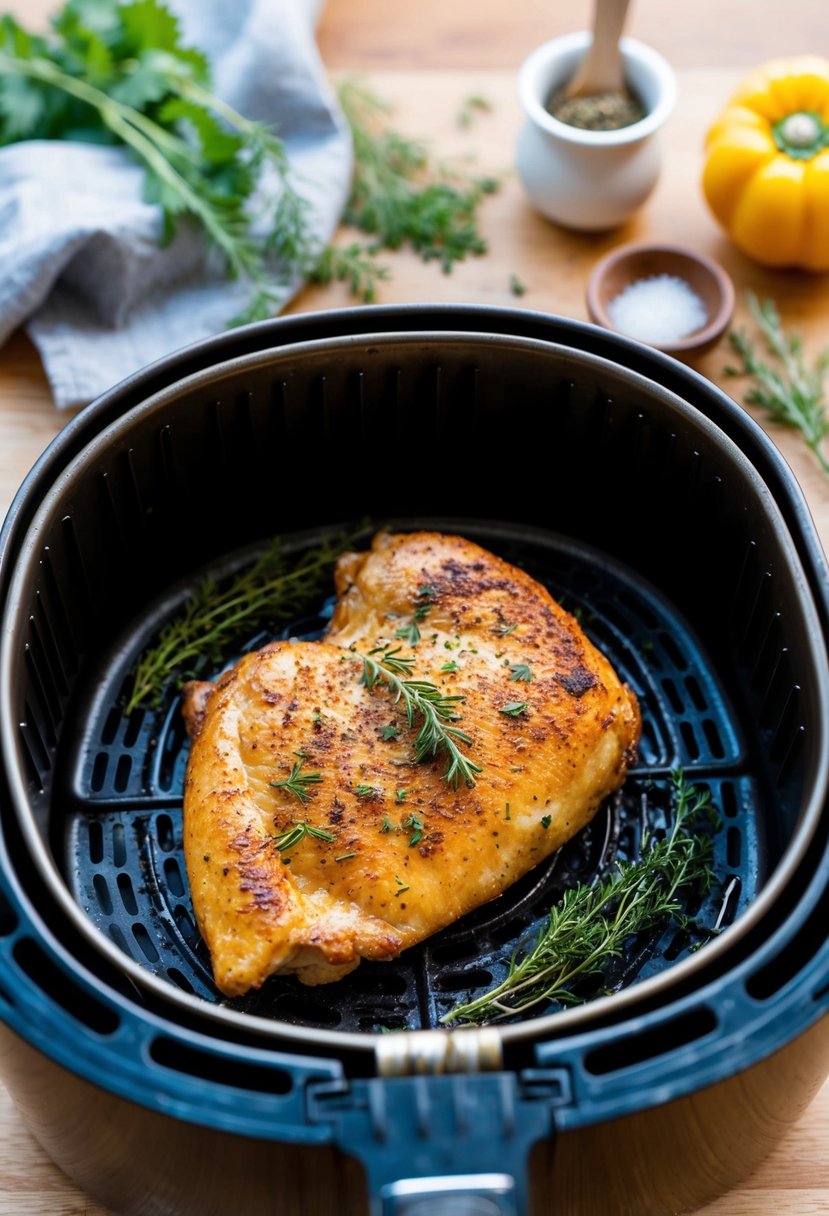 A sizzling chicken fillet cooks in an air fryer, surrounded by aromatic herbs and spices