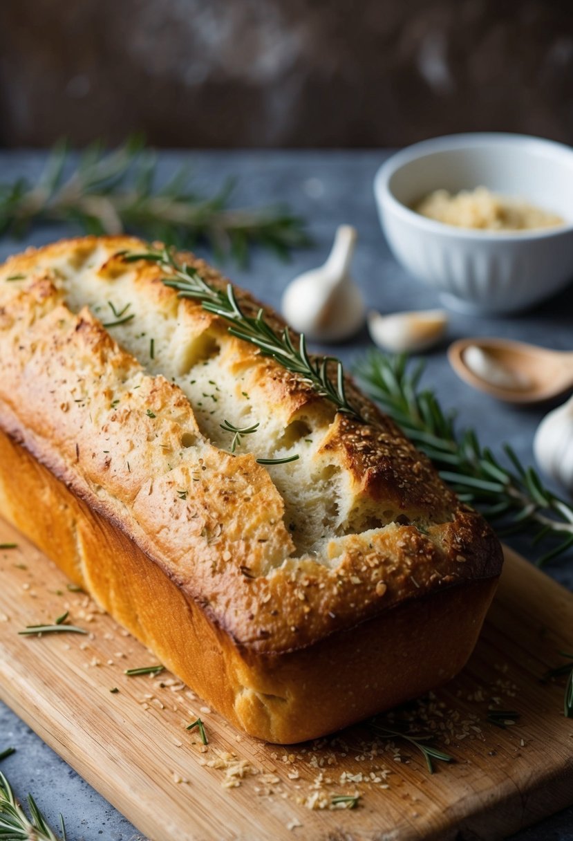 A rustic loaf of garlic and rosemary bread, sprinkled with crusty golden-brown crust, sits on a wooden cutting board