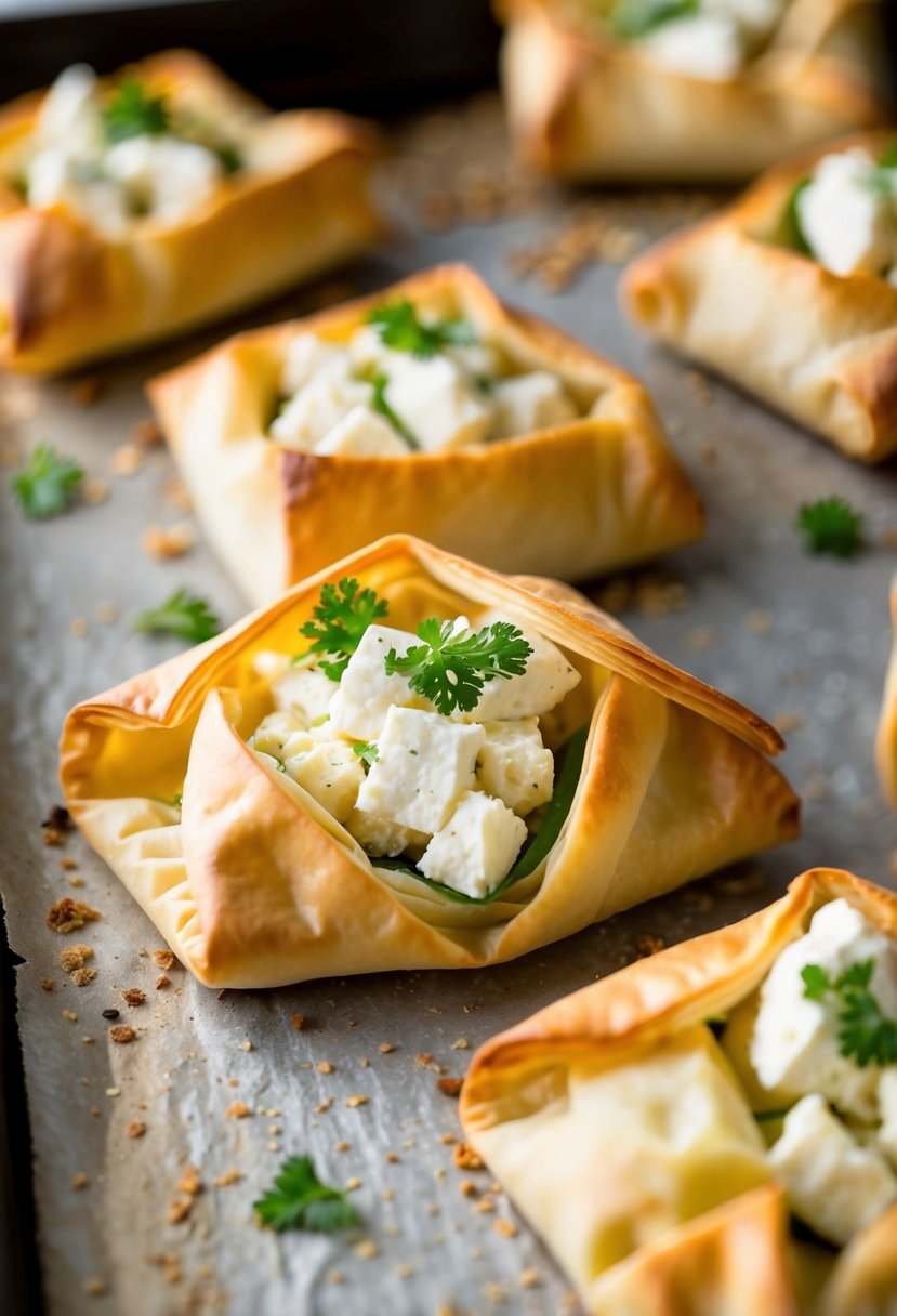 Golden-brown fillo dough pockets filled with crispy feta cheese, fresh from the oven