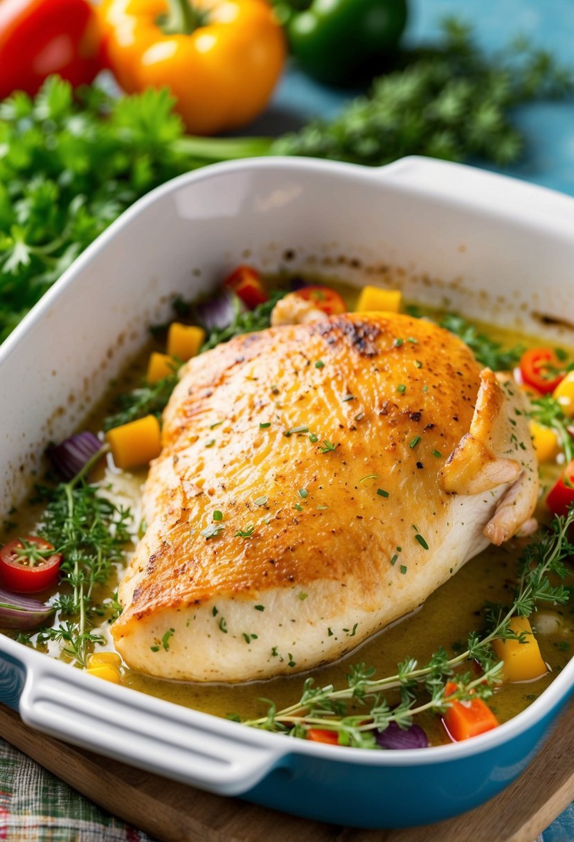 A golden-brown chicken fillet sizzling in a baking dish surrounded by fresh herbs and colorful vegetables