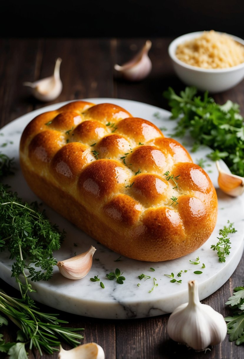 A golden loaf of bubble bread surrounded by fresh herbs and garlic cloves