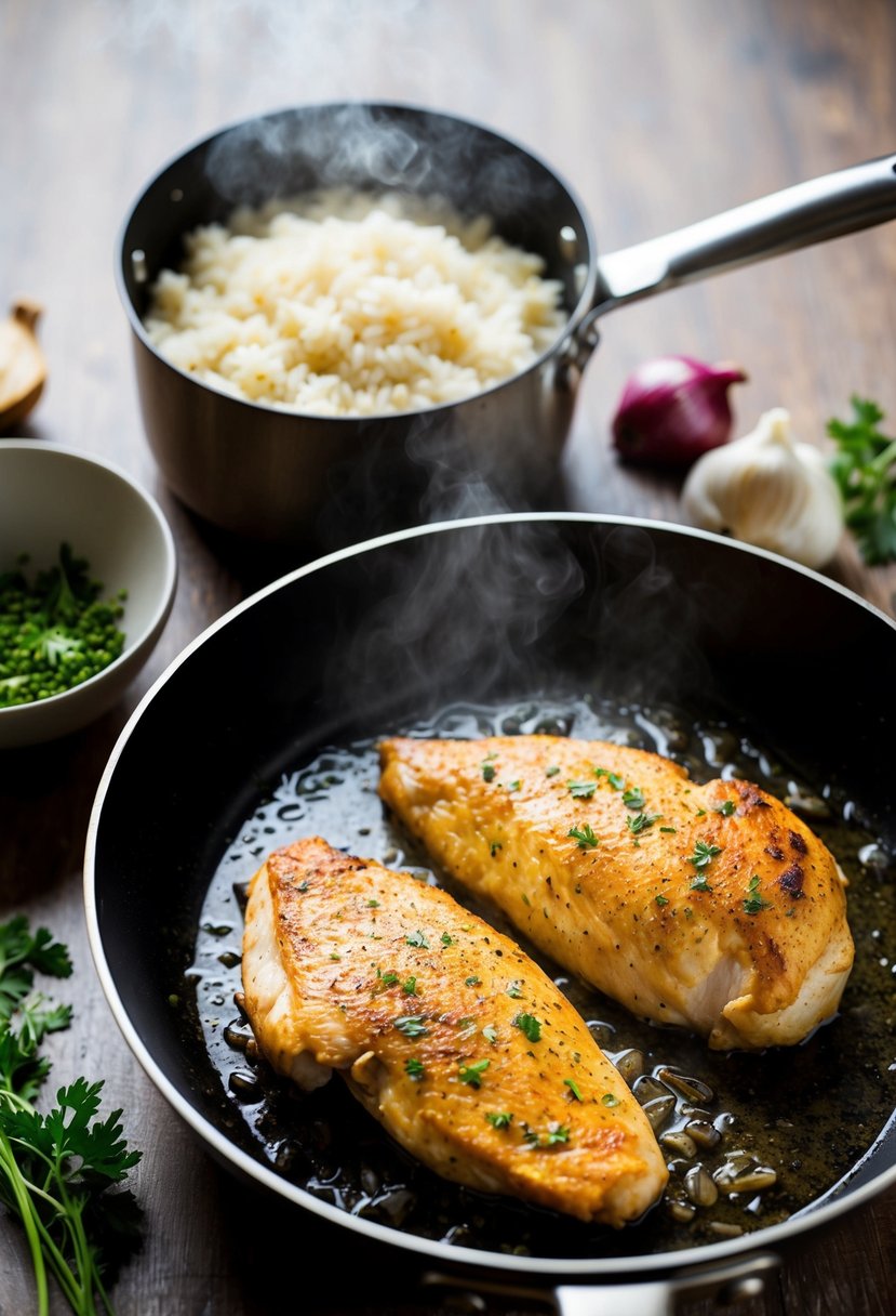 A sizzling chicken fillet cooking in a skillet next to a pot of steaming rice. Ingredients like garlic, onion, and herbs are scattered nearby