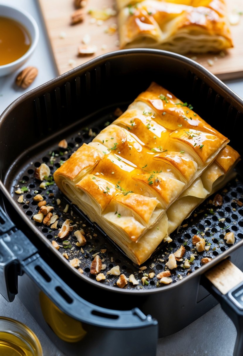 Golden baklava fillo dough crisping in an air fryer, surrounded by a sprinkle of chopped nuts and drizzled with honey