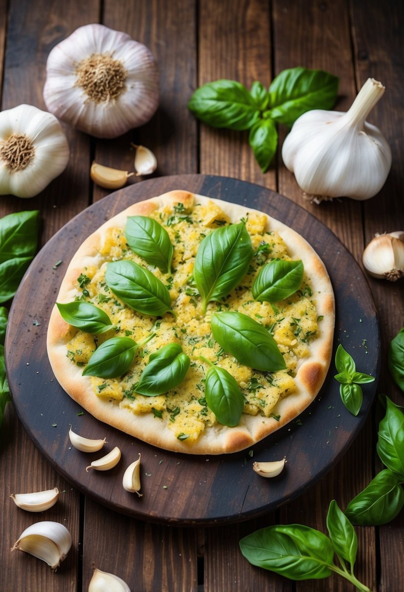 A rustic wooden table topped with freshly baked garlic and basil flatbread, surrounded by sprigs of basil and cloves of garlic