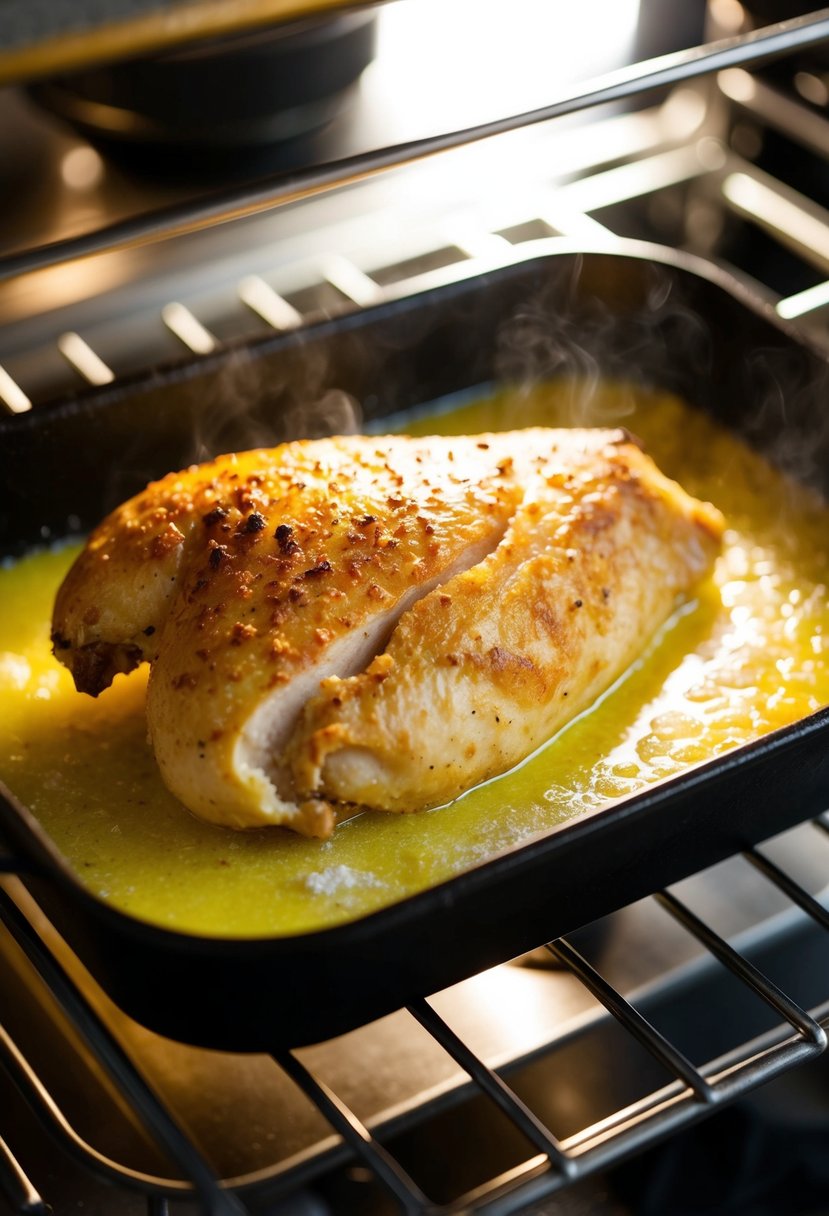 A golden-brown chicken fillet sizzling in a butter and salt bath in a hot oven