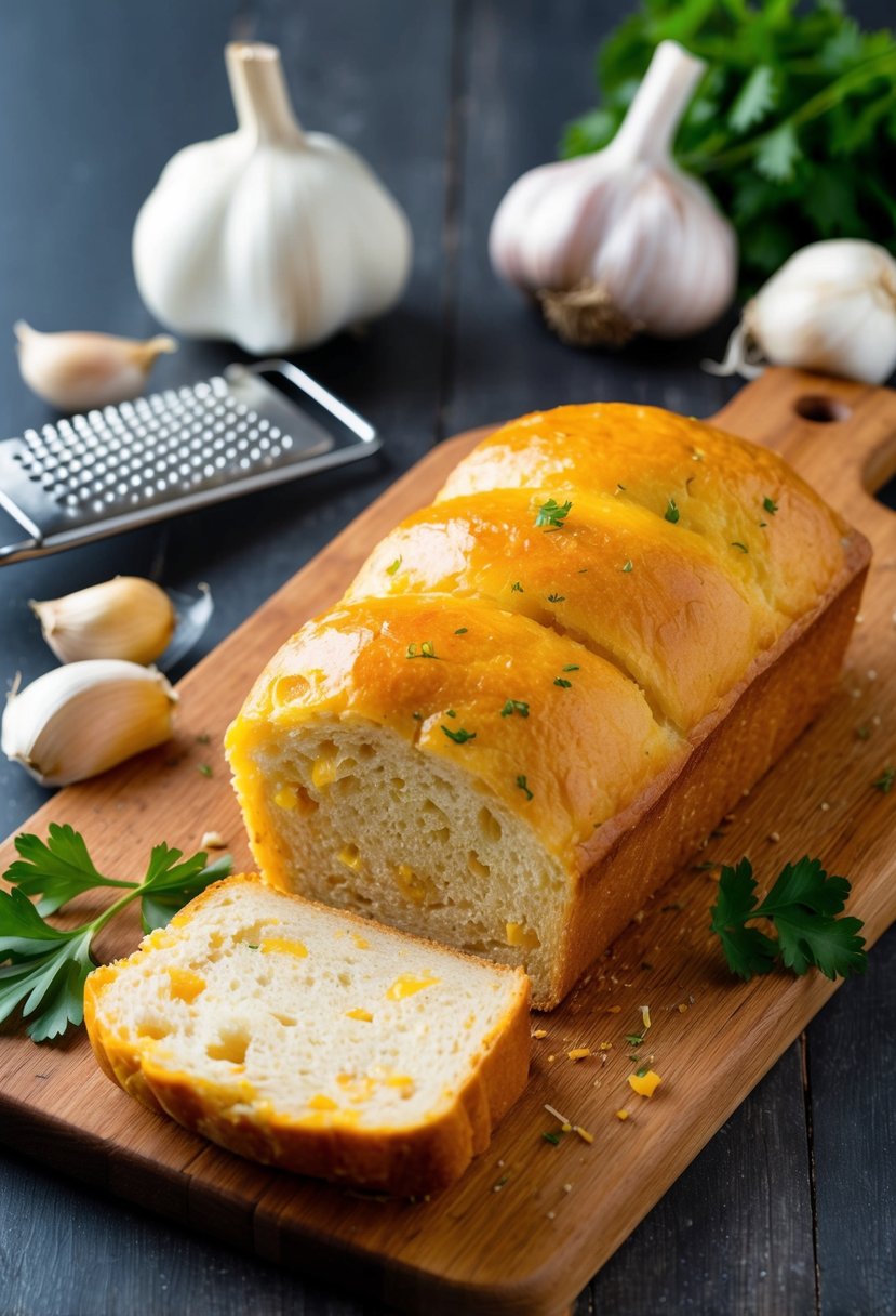 A loaf of Cheddar Garlic Pull-Apart Bread sits on a wooden cutting board, surrounded by fresh garlic cloves, a grater, and a sprig of parsley