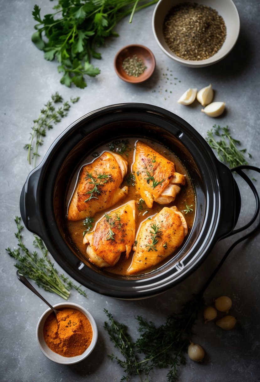 A crockpot simmering with spiced chicken fillets, surrounded by aromatic herbs and spices