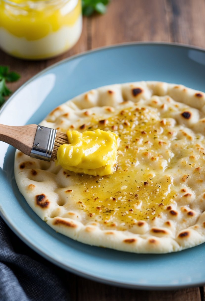 A sizzling hot butter garlic naan bread being brushed with melted garlic butter