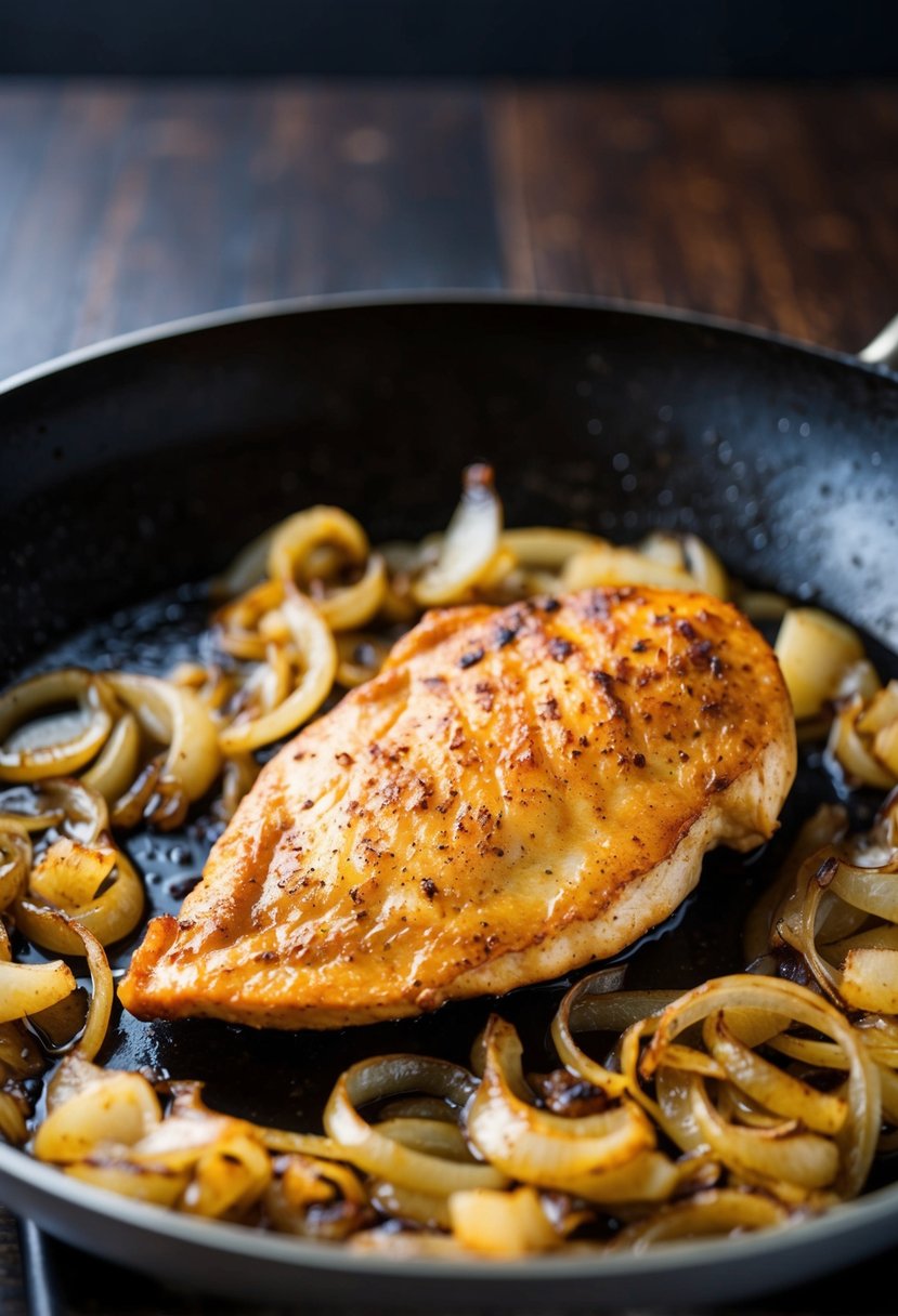 A sizzling chicken fillet surrounded by caramelized onions in a hot skillet