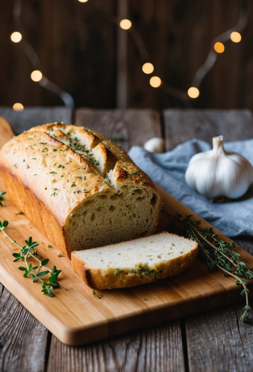 A rustic loaf of garlic and thyme bread, fresh from the oven, sits on a wooden cutting board with a sprig of thyme next to it