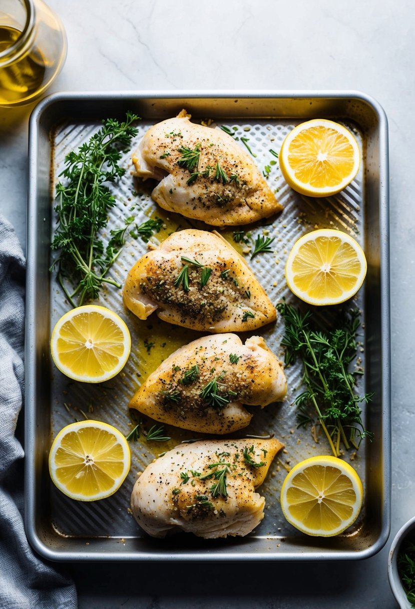 A baking sheet with seasoned chicken fillets, surrounded by fresh herbs and sliced lemons, ready to be placed in the oven