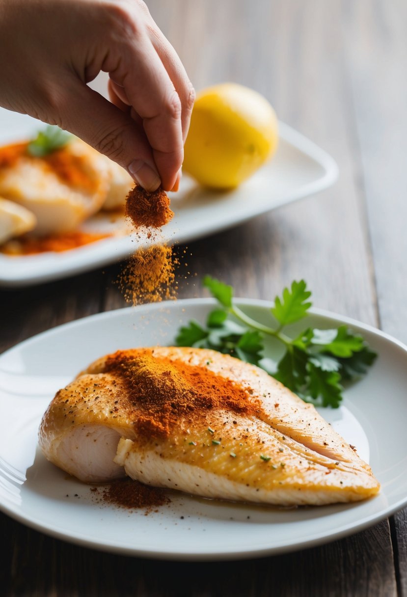 A chicken fillet being seasoned with simple and flavorful spices