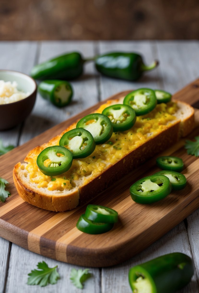 A plate of spicy garlic bread topped with sliced jalapeños on a wooden cutting board