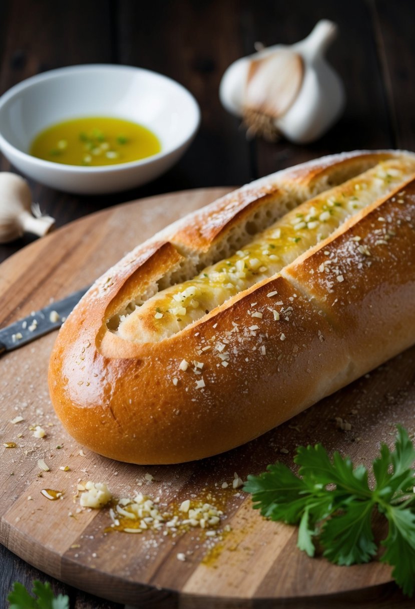 Freshly baked ciabatta bread brushed with olive oil and sprinkled with minced garlic