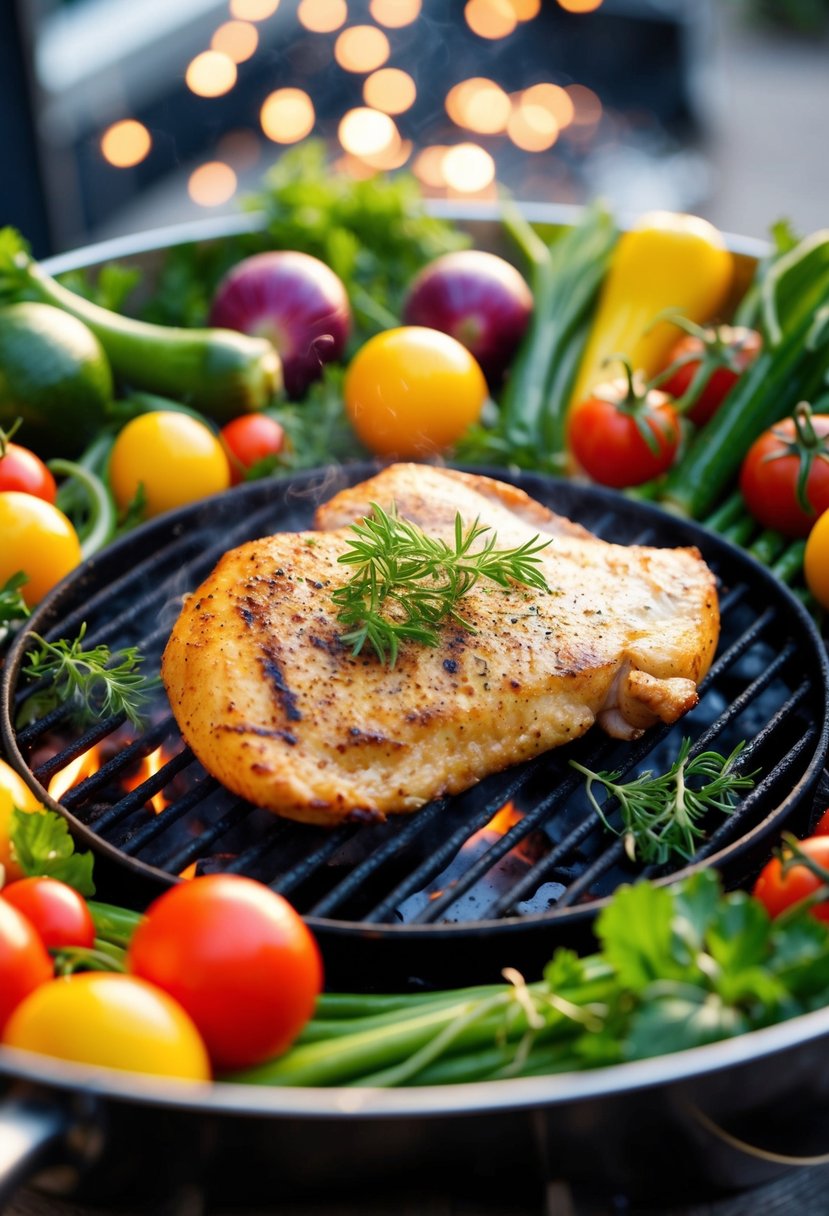 A sizzling chicken fillet sizzling on a hot grill, surrounded by vibrant vegetables and aromatic herbs, creating an enticing and mouthwatering feast