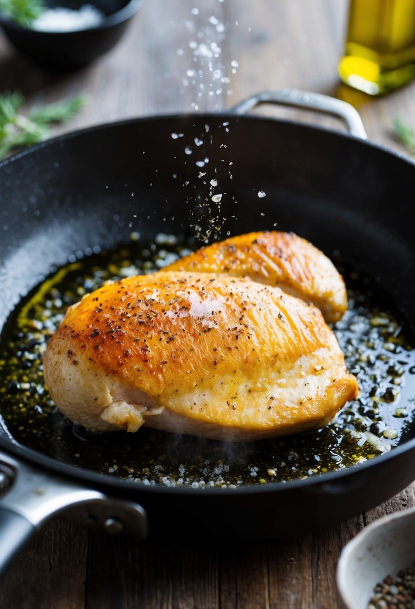 A plump chicken fillet sizzling in a hot skillet, surrounded by a sprinkling of salt, pepper, and a drizzle of olive oil