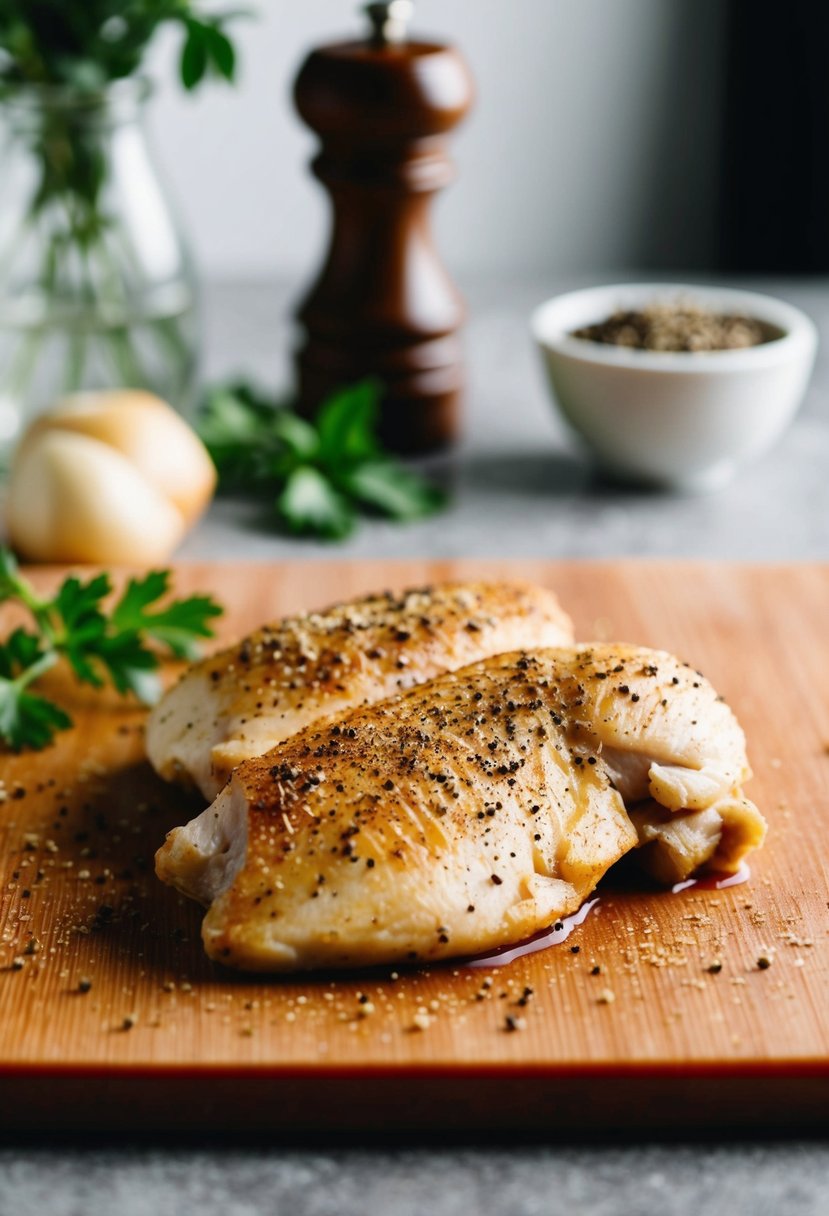 A chicken fillet sprinkled with black pepper on a cutting board