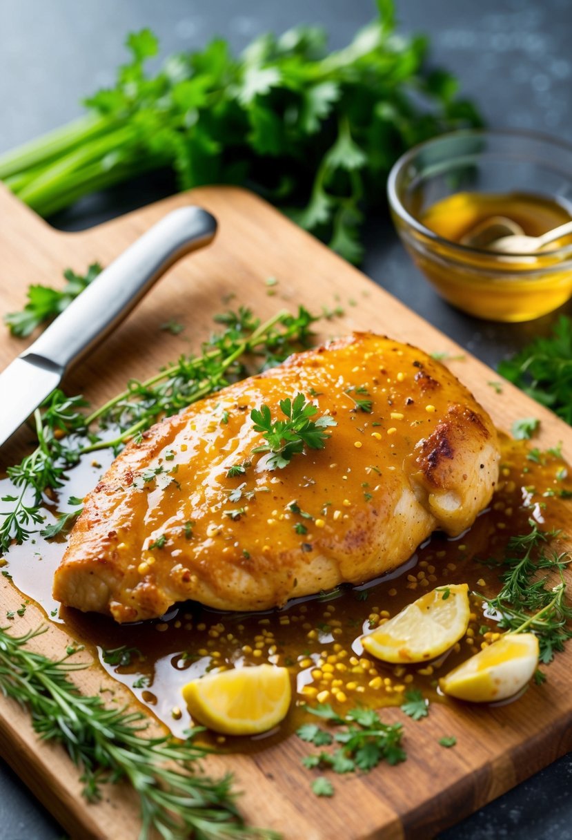 A sizzling chicken fillet glazed in golden honey garlic sauce, surrounded by fresh herbs and spices on a wooden cutting board