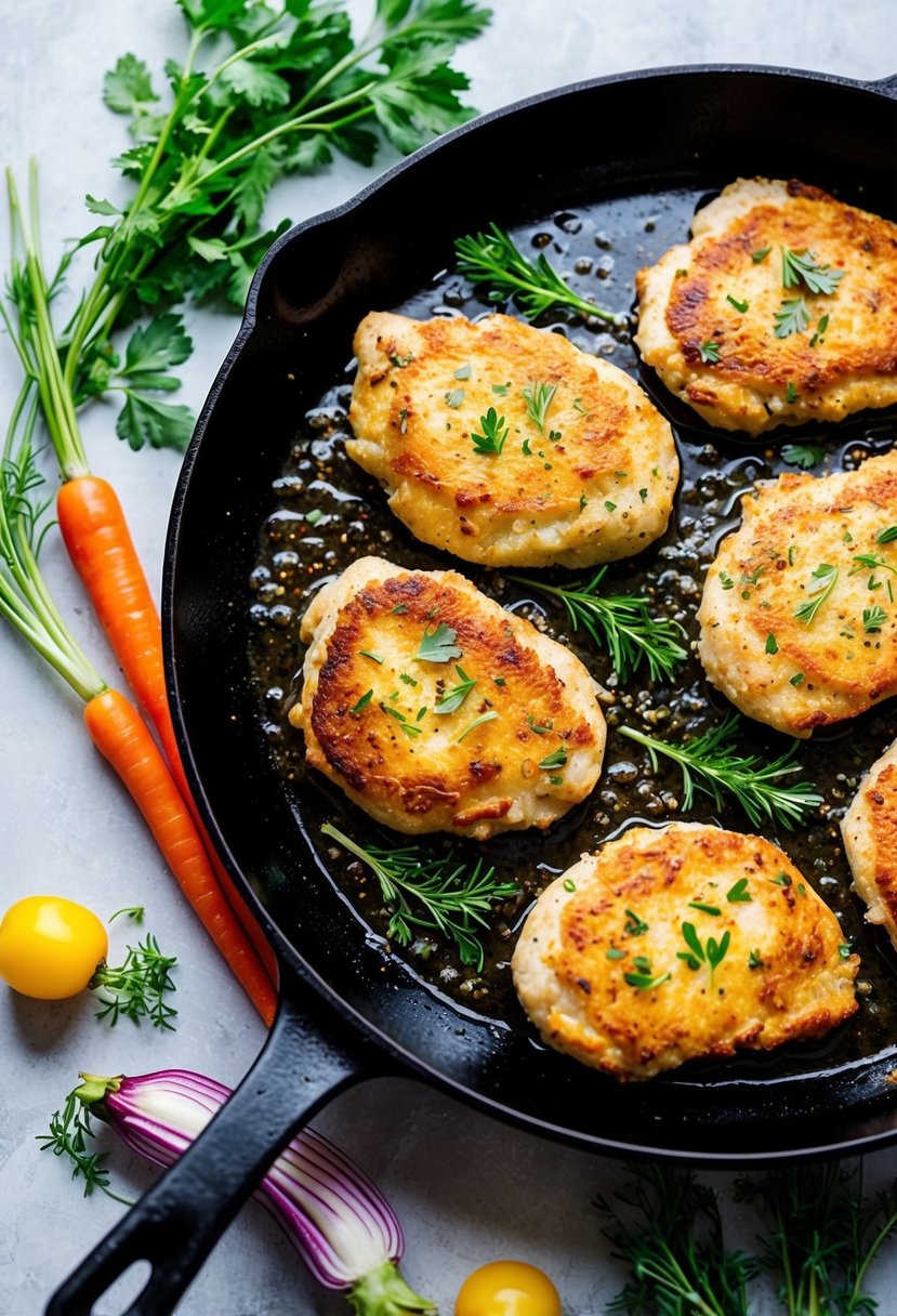 A sizzling skillet of golden-brown chicken cutlets surrounded by fresh herbs and colorful vegetables