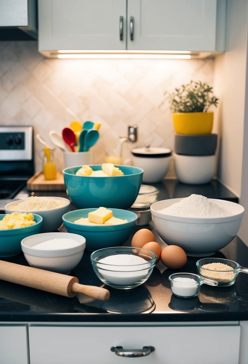 A kitchen counter with various ingredients like butter, flour, sugar, and eggs, along with mixing bowls, measuring cups, and a rolling pin