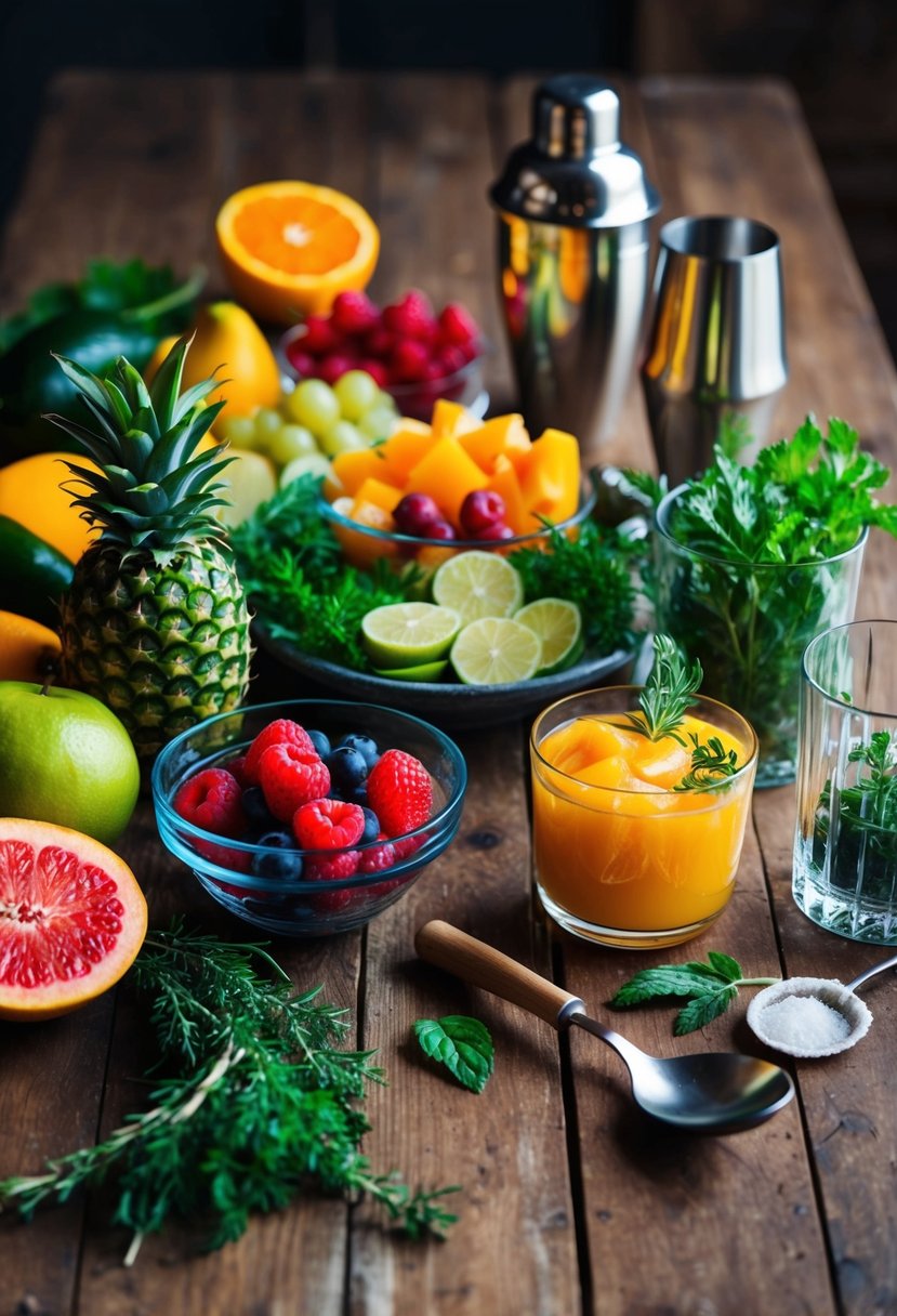 A colorful array of fresh fruits, herbs, and glassware arranged on a rustic wooden table. A mixing spoon and cocktail shaker sit nearby